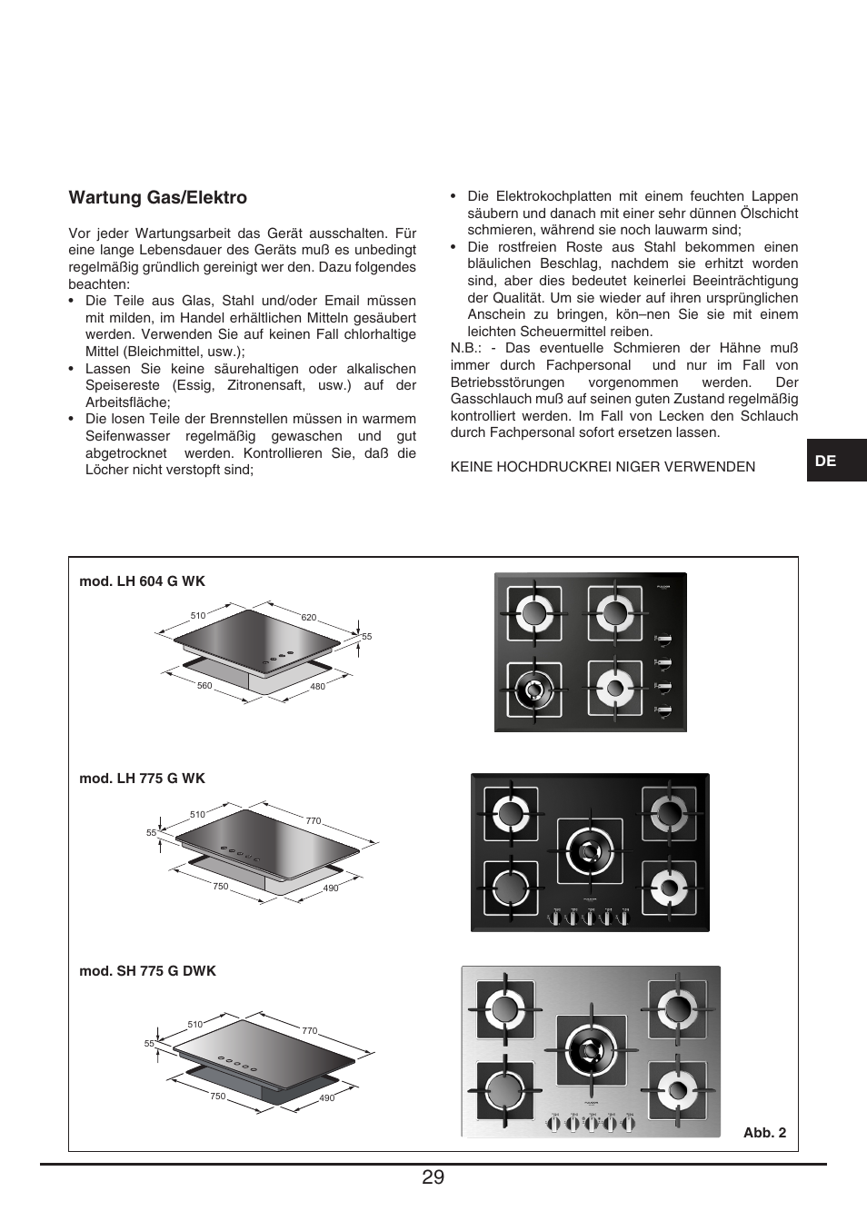 Wartung gas/elektro | Fulgor Milano LH 604 G WK User Manual | Page 29 / 52