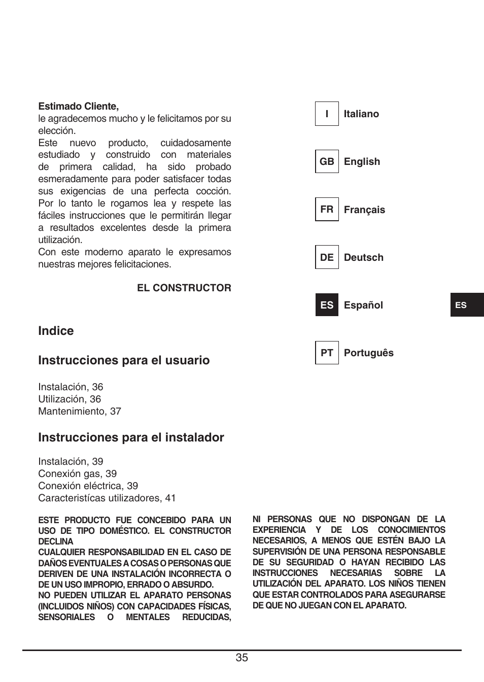 Indice instrucciones para el usuario, Instrucciones para el instalador | Fulgor Milano LH 604 G WK User Manual | Page 35 / 52