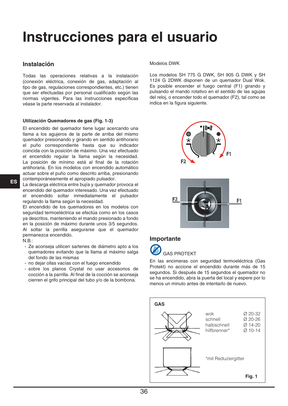 Instrucciones para el usuario | Fulgor Milano LH 604 G WK User Manual | Page 36 / 52