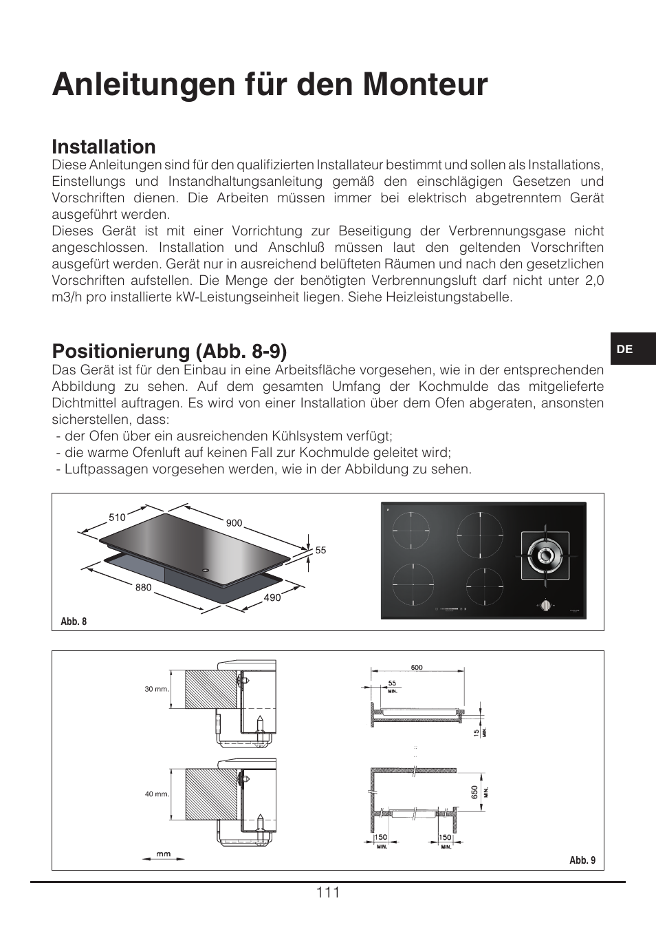 Anleitungen für den monteur, Installation, Positionierung (abb. 8-9) | Fulgor Milano CH 905 ID TS G DWK User Manual | Page 111 / 184