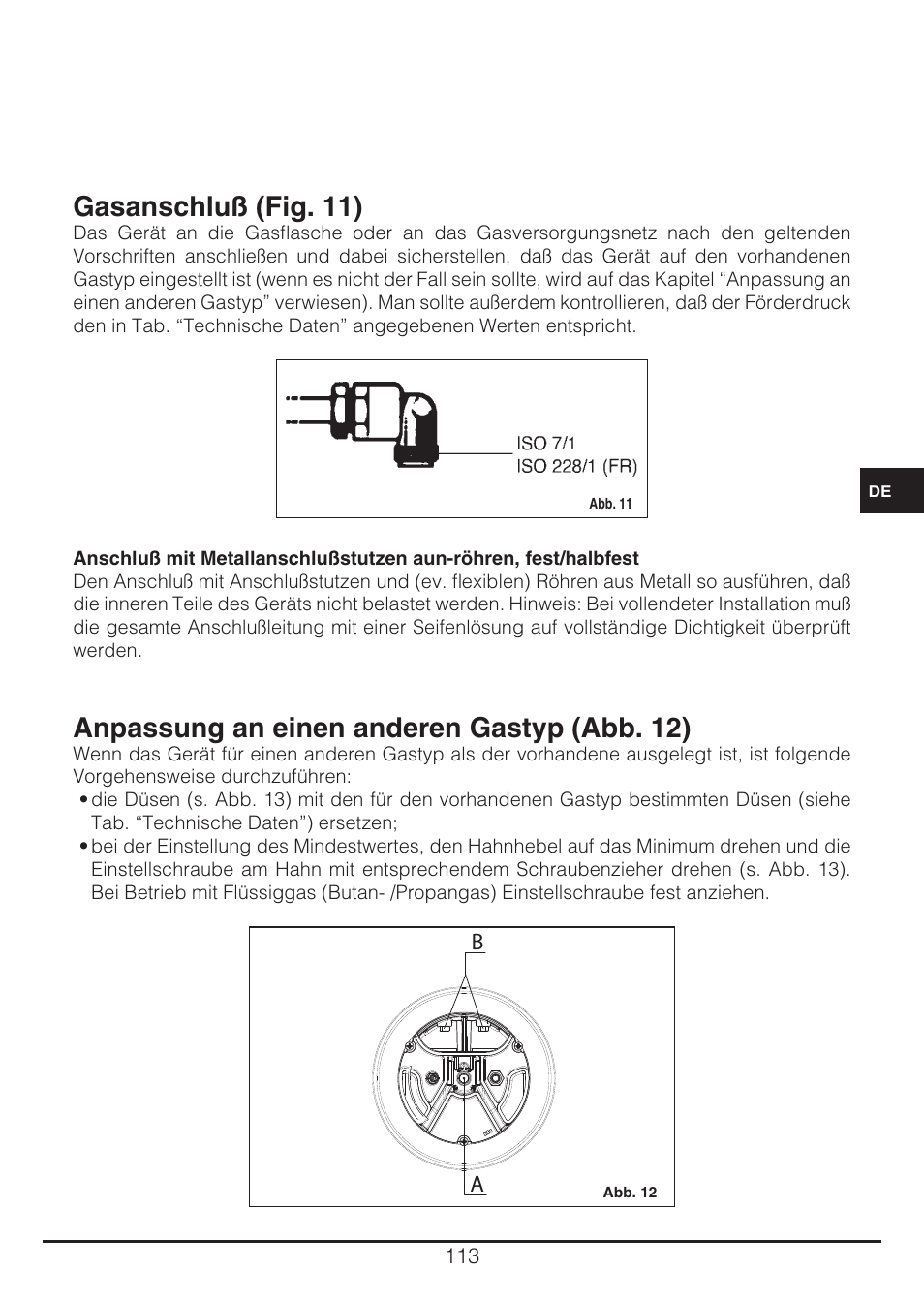 Gasanschluß (fig. 11), Anpassung an einen anderen gastyp (abb. 12) | Fulgor Milano CH 905 ID TS G DWK User Manual | Page 113 / 184