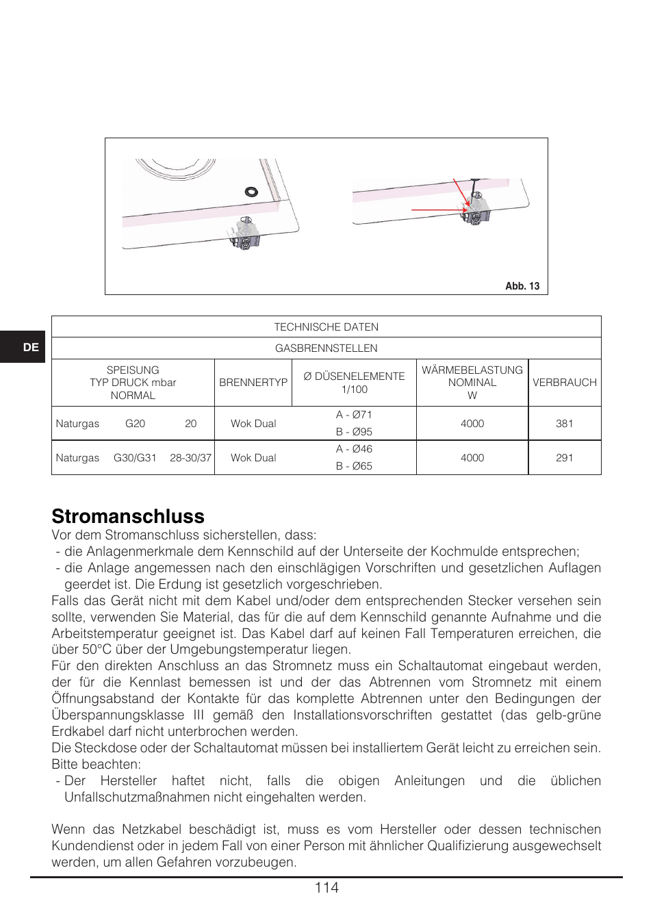 Stromanschluss | Fulgor Milano CH 905 ID TS G DWK User Manual | Page 114 / 184