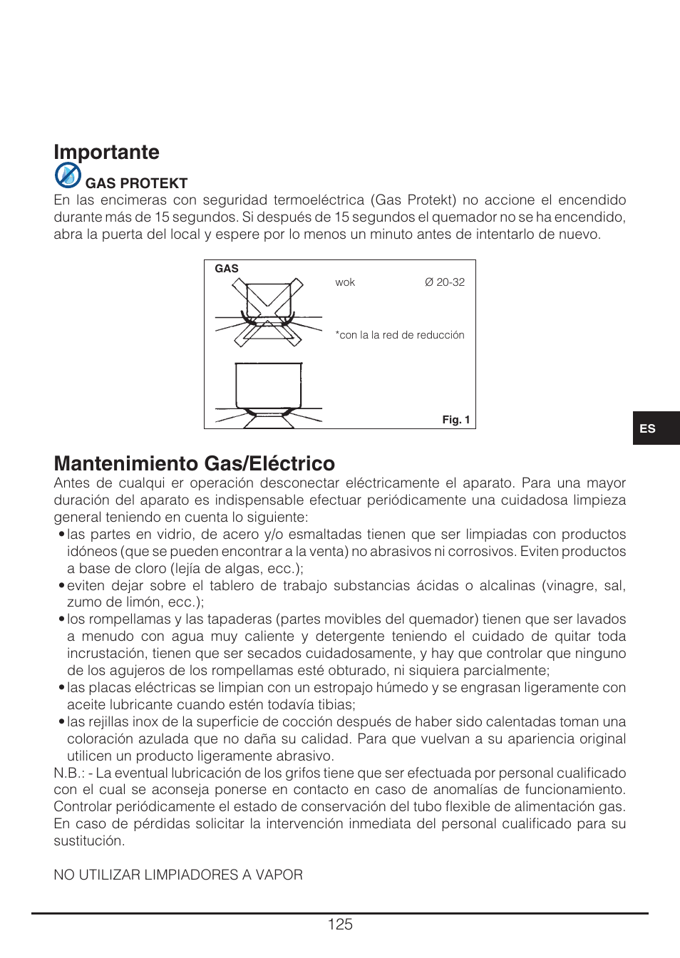 Importante, Mantenimiento gas/eléctrico | Fulgor Milano CH 905 ID TS G DWK User Manual | Page 125 / 184