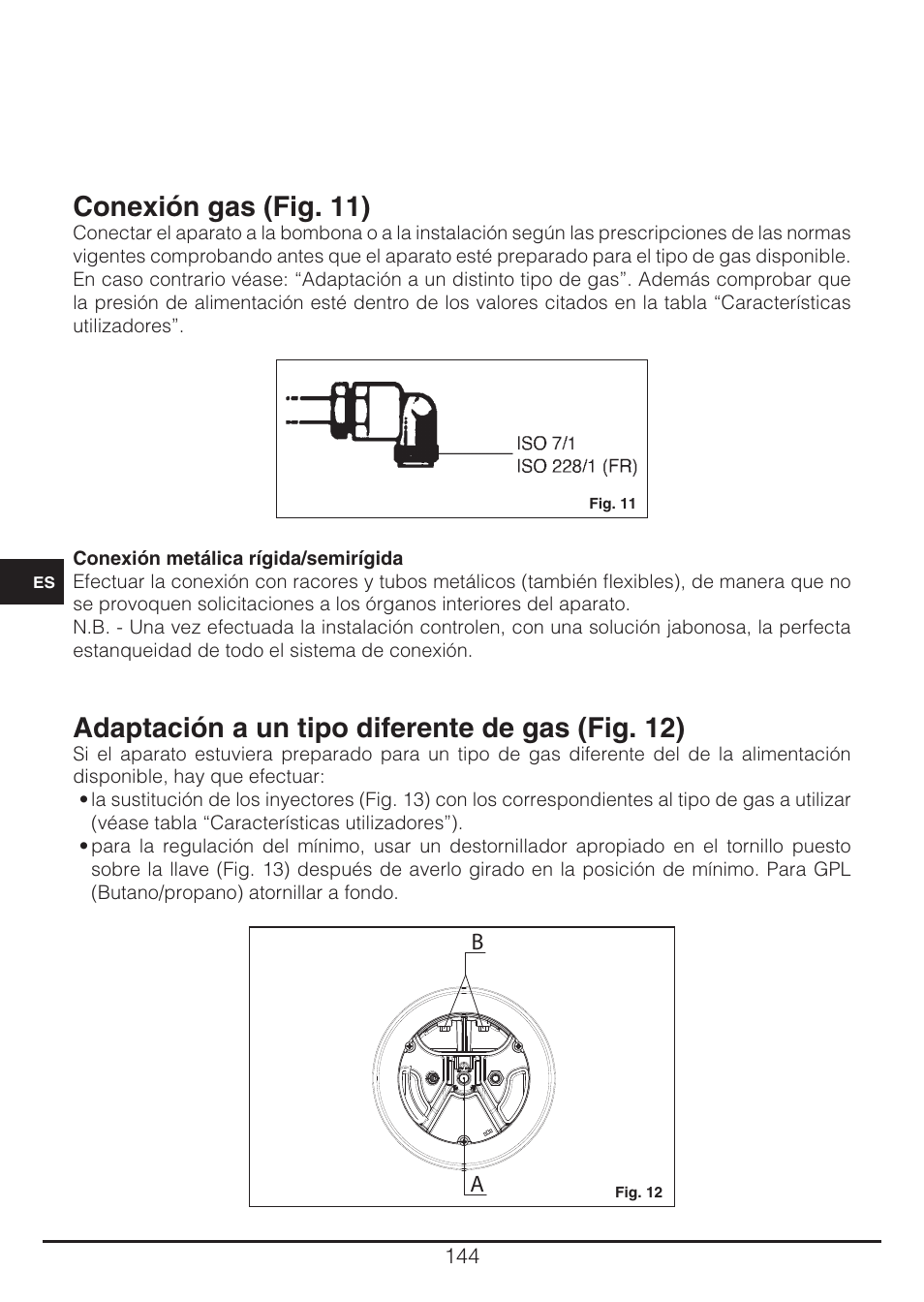Conexión gas (fig. 11), Adaptación a un tipo diferente de gas (fig. 12) | Fulgor Milano CH 905 ID TS G DWK User Manual | Page 144 / 184