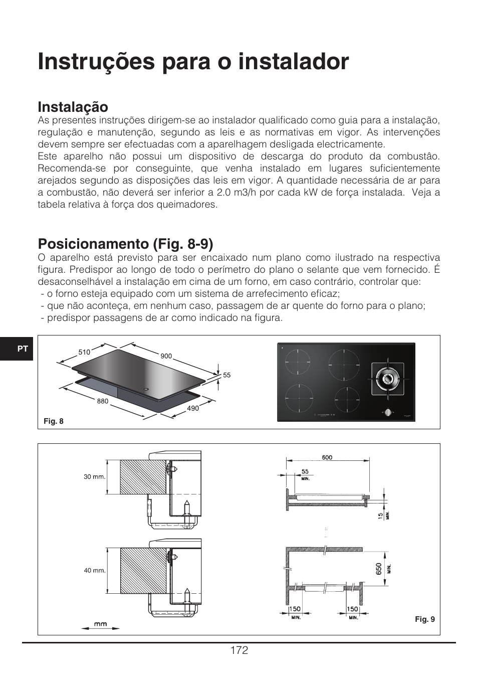 Instruções para o instalador, Instalação, Posicionamento (fig. 8-9) | Fulgor Milano CH 905 ID TS G DWK User Manual | Page 172 / 184