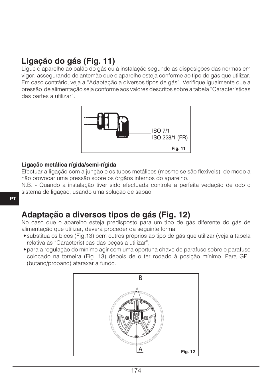 Ligação do gás (fig. 11), Adaptação a diversos tipos de gás (fig. 12) | Fulgor Milano CH 905 ID TS G DWK User Manual | Page 174 / 184