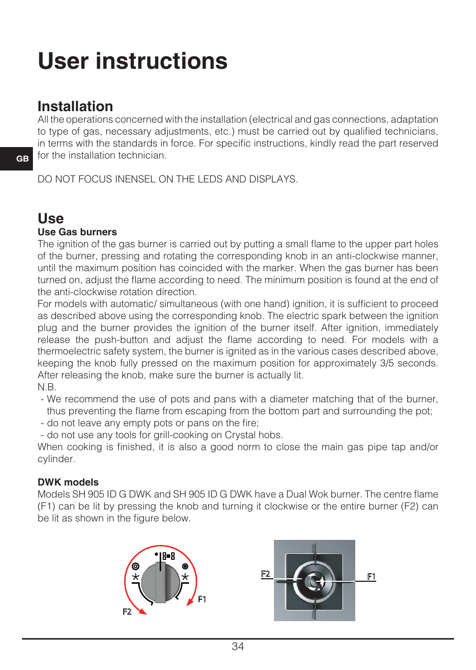 User instructions, Installation | Fulgor Milano CH 905 ID TS G DWK User Manual | Page 34 / 184