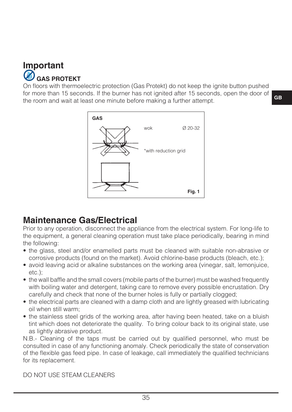 Important, Maintenance gas/electrical | Fulgor Milano CH 905 ID TS G DWK User Manual | Page 35 / 184