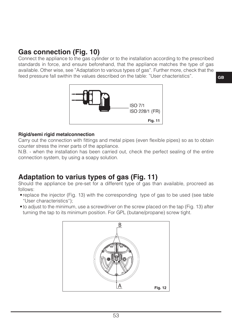 Gas connection (fig. 10), Adaptation to varius types of gas (fig. 11) | Fulgor Milano CH 905 ID TS G DWK User Manual | Page 53 / 184