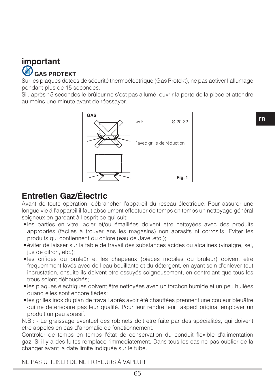 Important, Entretien gaz/électric | Fulgor Milano CH 905 ID TS G DWK User Manual | Page 65 / 184