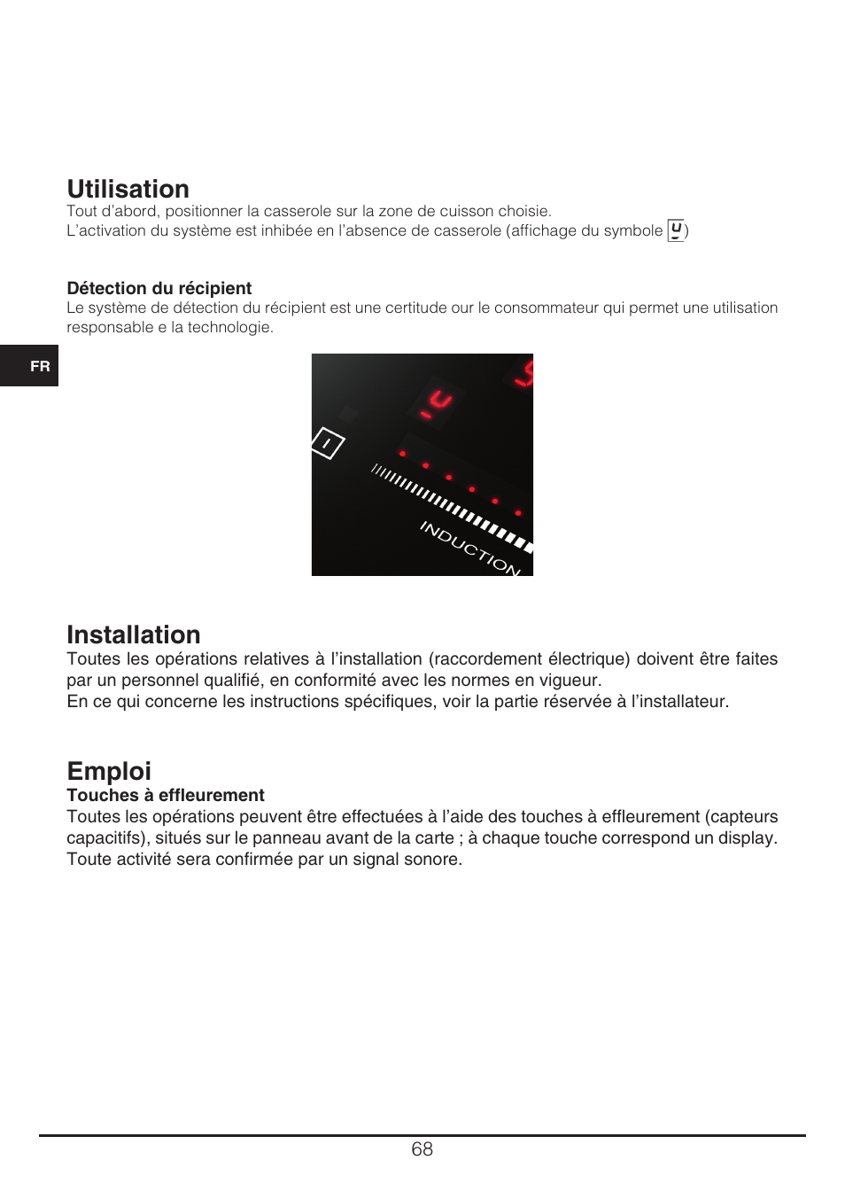 Utilisation, Installation, Emploi | Fulgor Milano CH 905 ID TS G DWK User Manual | Page 68 / 184