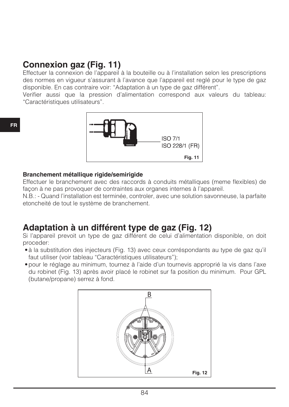 Connexion gaz (fig. 11), Adaptation à un différent type de gaz (fig. 12) | Fulgor Milano CH 905 ID TS G DWK User Manual | Page 84 / 184