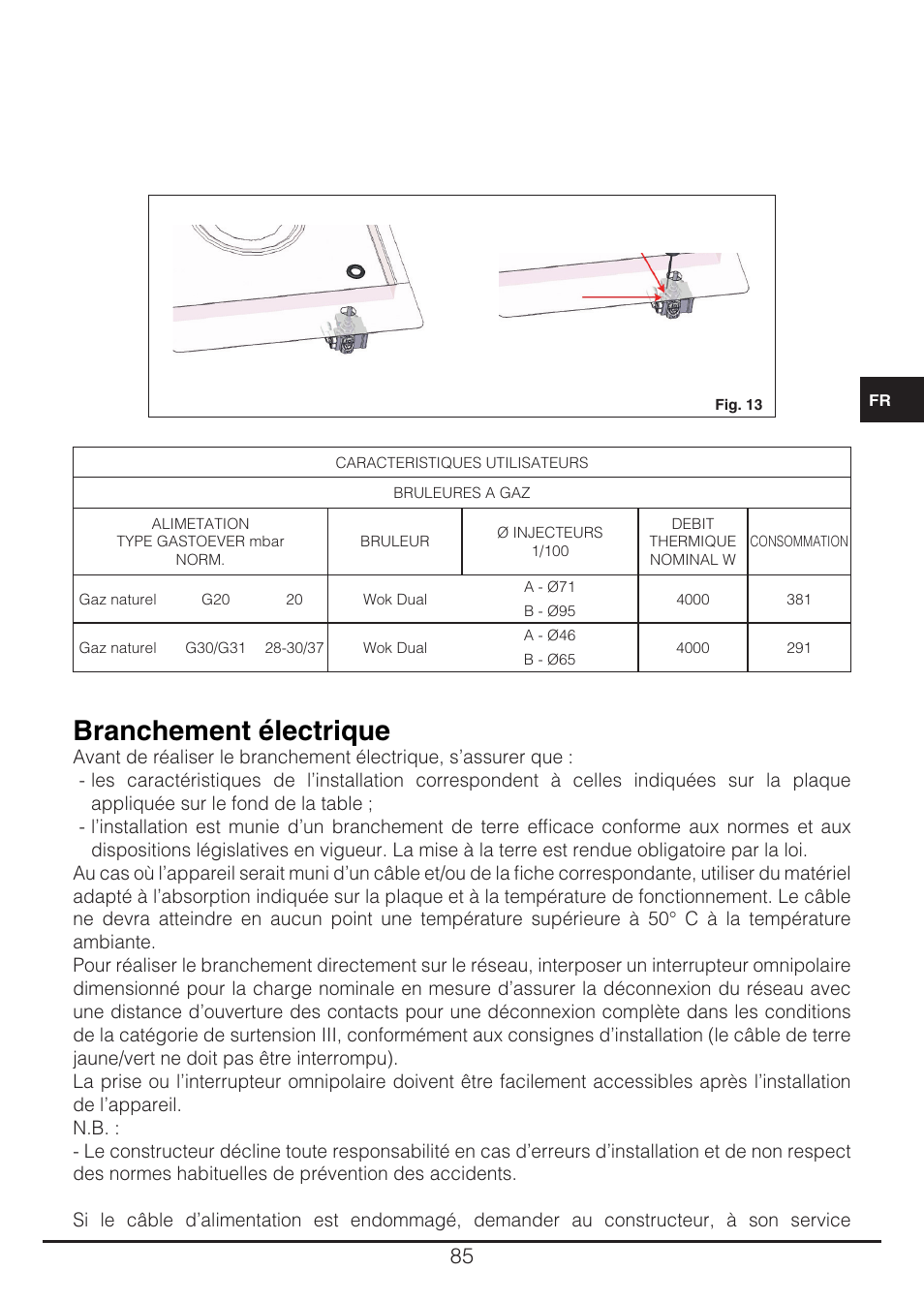 Branchement électrique | Fulgor Milano CH 905 ID TS G DWK User Manual | Page 85 / 184