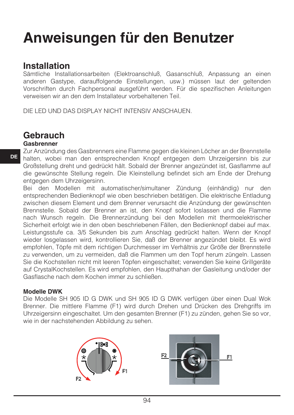 Anweisungen für den benutzer, Installation, Gebrauch | Fulgor Milano CH 905 ID TS G DWK User Manual | Page 94 / 184