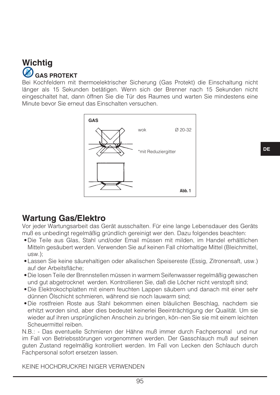 Wichtig, Wartung gas/elektro | Fulgor Milano CH 905 ID TS G DWK User Manual | Page 95 / 184