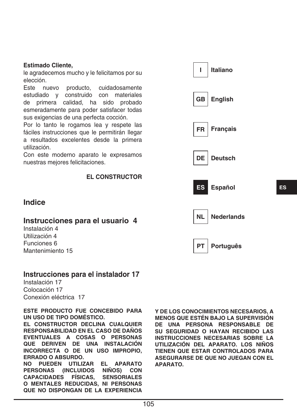 Indice instrucciones para el usuario 4, Instrucciones para el instalador 17 | Fulgor Milano CH 1004 ID TS User Manual | Page 105 / 184
