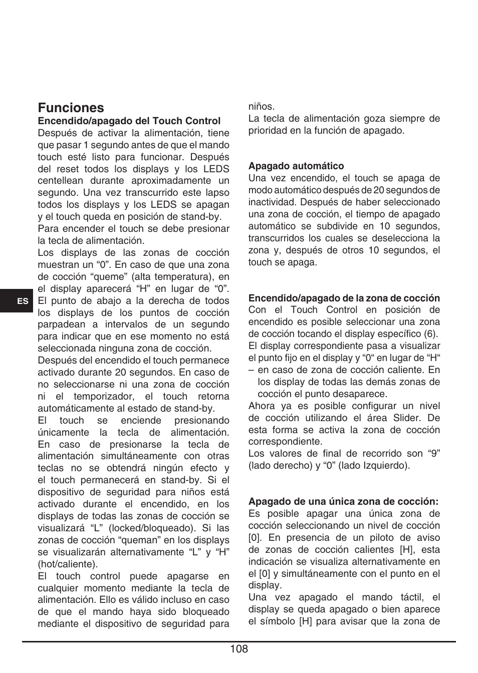 Funciones | Fulgor Milano CH 1004 ID TS User Manual | Page 108 / 184