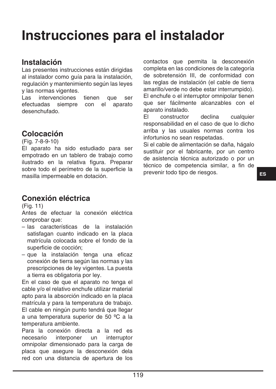 Instrucciones para el instalador, Instalación, Colocación | Conexión eléctrica | Fulgor Milano CH 1004 ID TS User Manual | Page 119 / 184