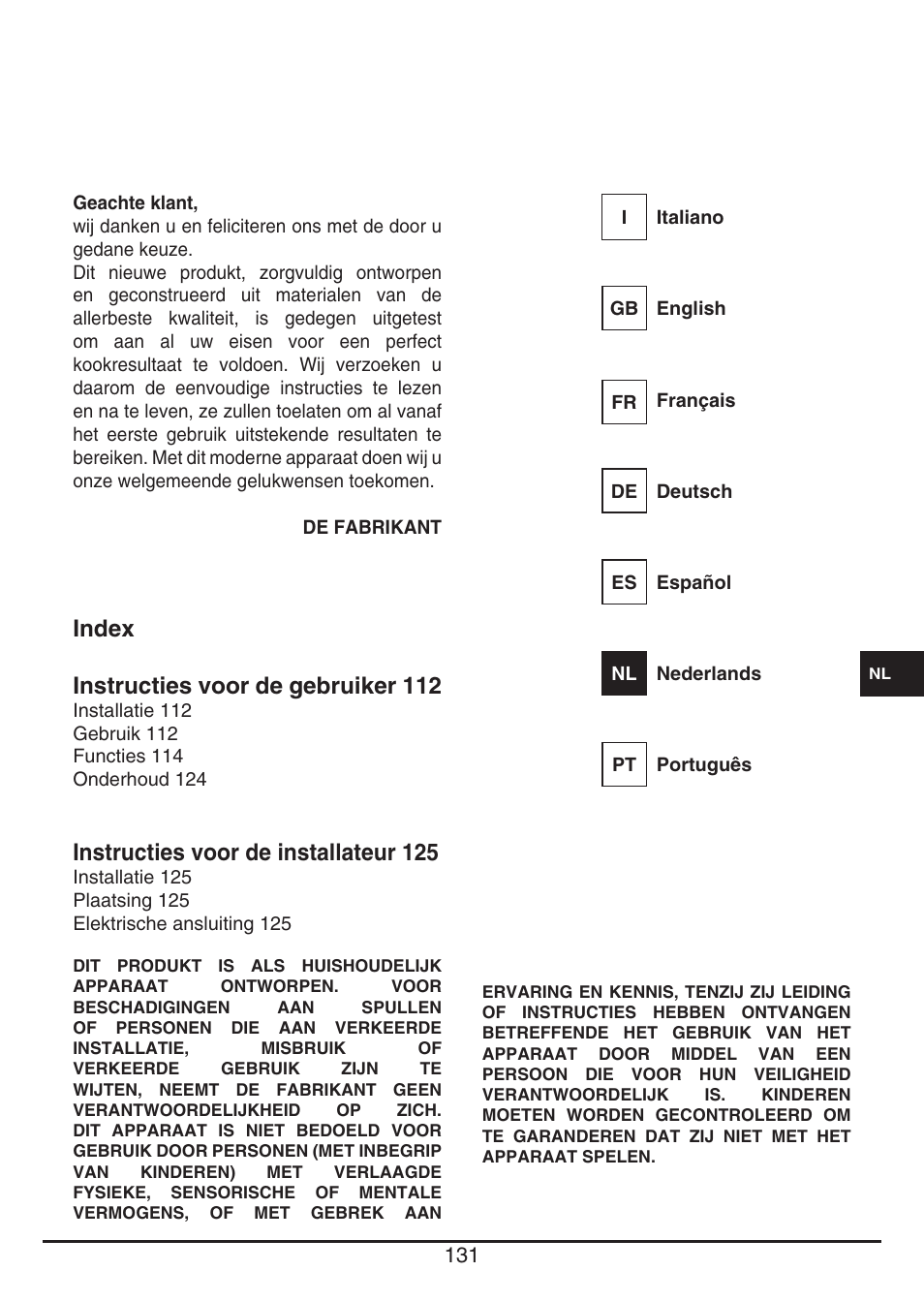 Index instructies voor de gebruiker 112, Instructies voor de installateur 125 | Fulgor Milano CH 1004 ID TS User Manual | Page 131 / 184