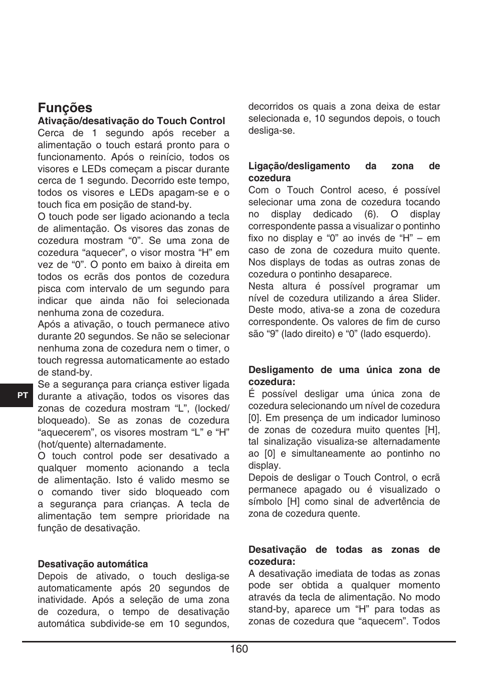 Funções | Fulgor Milano CH 1004 ID TS User Manual | Page 160 / 184