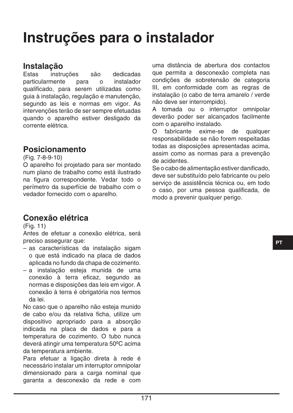 Instruções para o instalador, Instalação, Posicionamento | Conexão elétrica | Fulgor Milano CH 1004 ID TS User Manual | Page 171 / 184