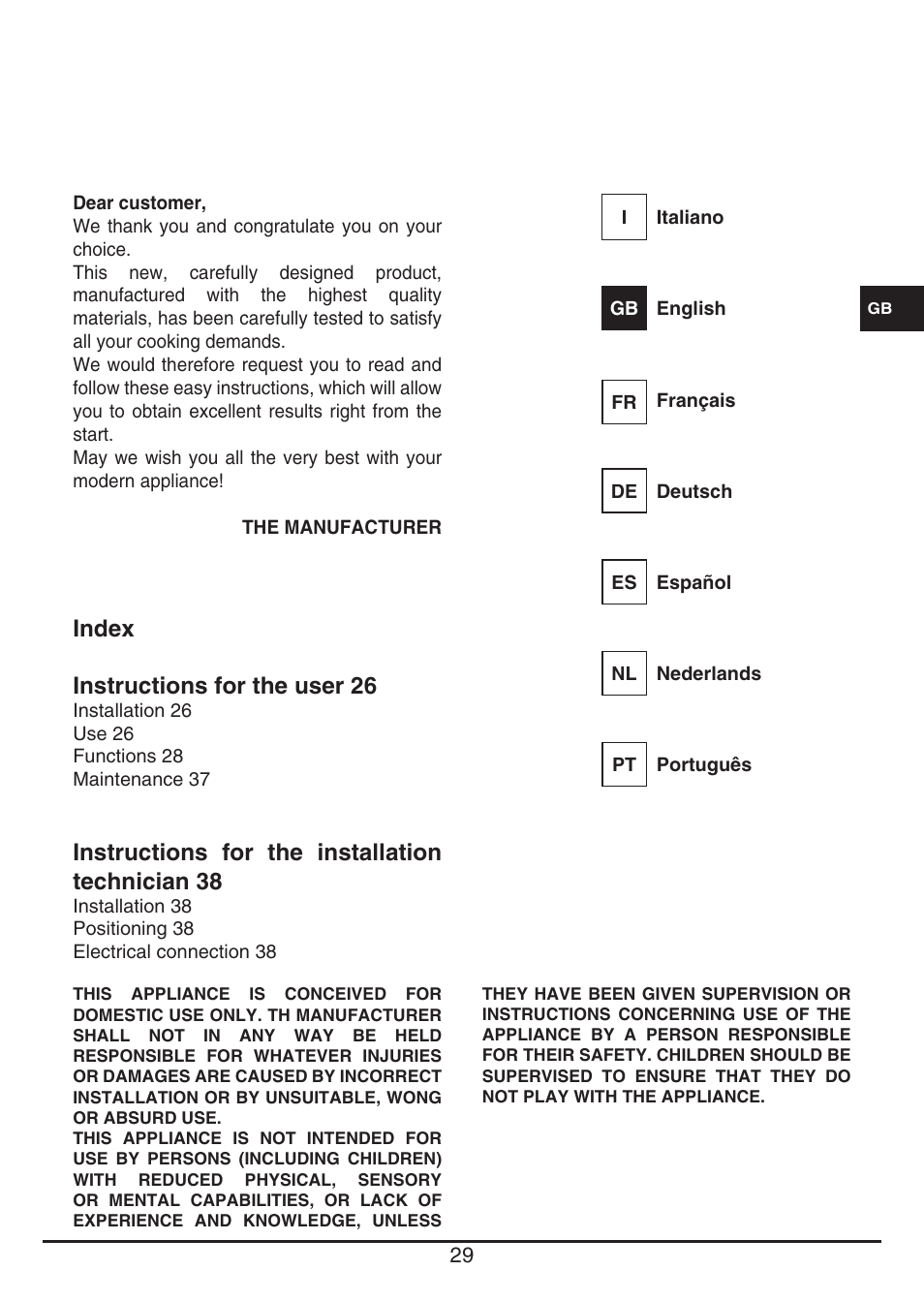 Index instructions for the user 26, Instructions for the installation technician 38 | Fulgor Milano CH 1004 ID TS User Manual | Page 29 / 184