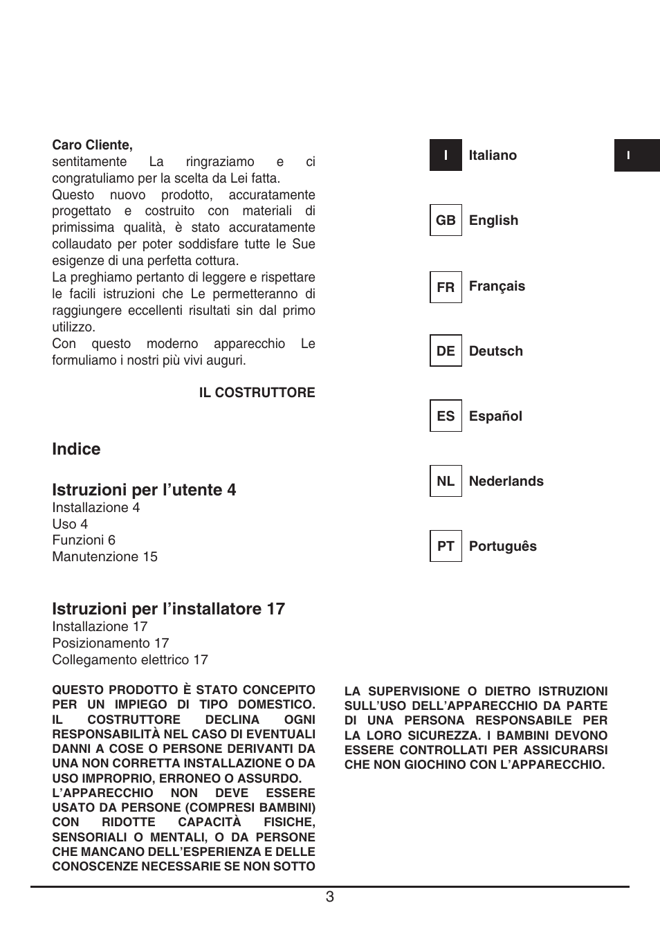 Indice istruzioni per l’utente 4, Istruzioni per l’installatore 17 | Fulgor Milano CH 1004 ID TS User Manual | Page 3 / 184