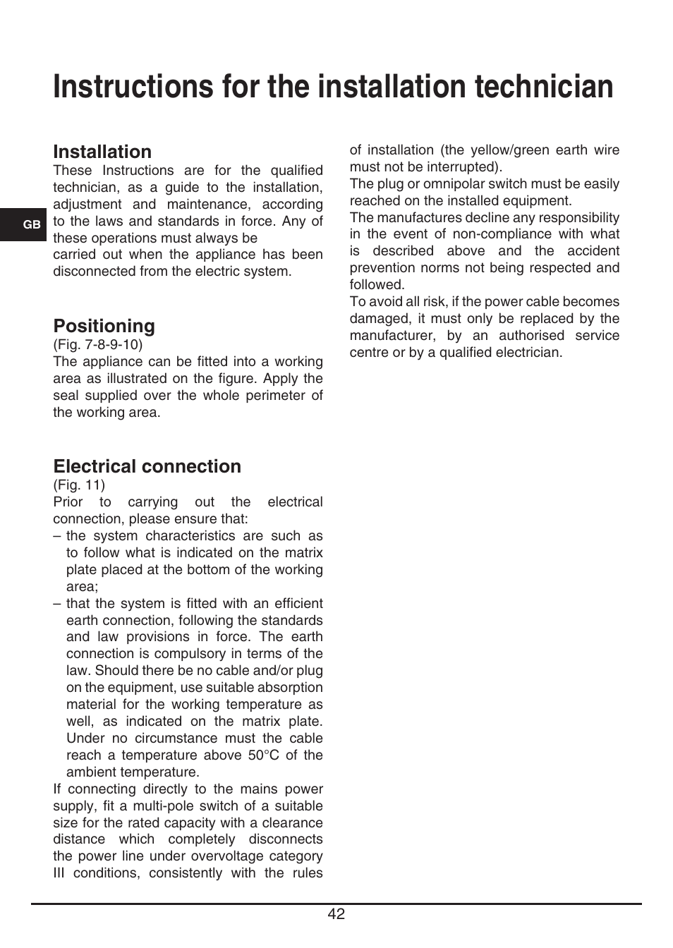 Instructions for the installation technician, Installation, Positioning | Electrical connection | Fulgor Milano CH 1004 ID TS User Manual | Page 42 / 184