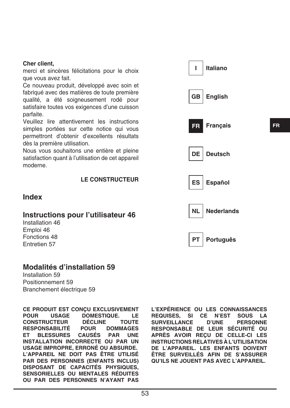 Index instructions pour l’utilisateur 46, Modalités d’installation 59 | Fulgor Milano CH 1004 ID TS User Manual | Page 53 / 184