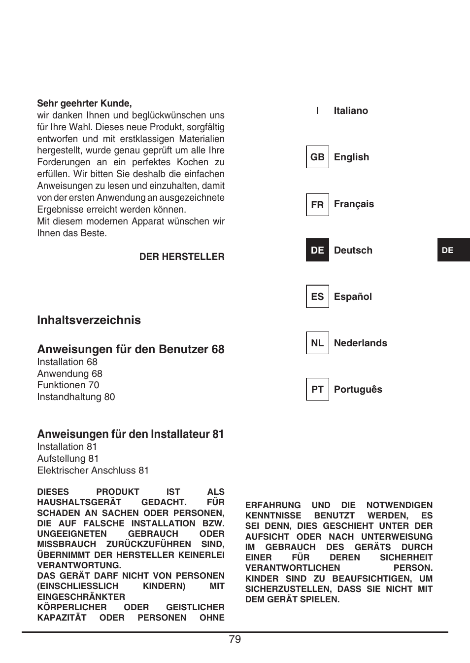 Inhaltsverzeichnis anweisungen für den benutzer 68, Anweisungen für den installateur 81 | Fulgor Milano CH 1004 ID TS User Manual | Page 79 / 184