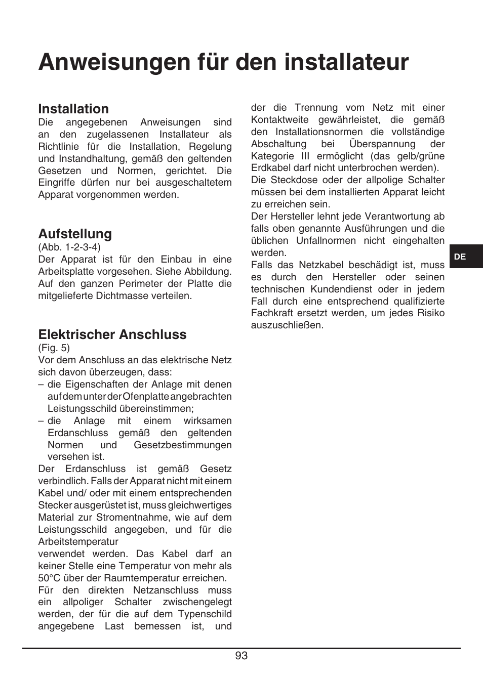 Anweisungen für den installateur, Installation, Aufstellung | Elektrischer anschluss | Fulgor Milano CH 1004 ID TS User Manual | Page 93 / 184