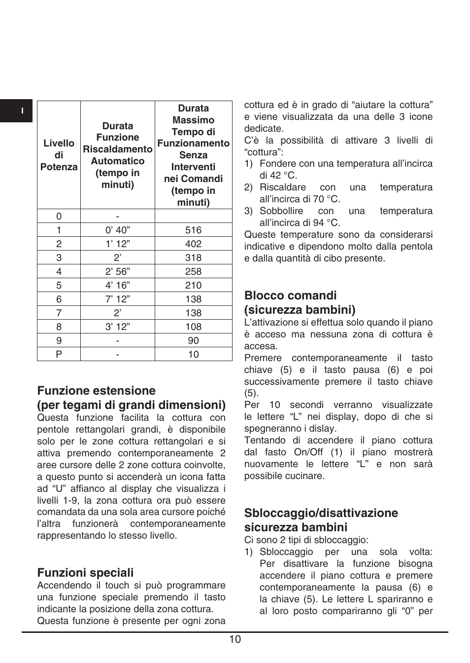 Blocco comandi (sicurezza bambini), Sbloccaggio/disattivazione sicurezza bambini, Funzioni speciali | Fulgor Milano FSH 905 ID TS User Manual | Page 10 / 100