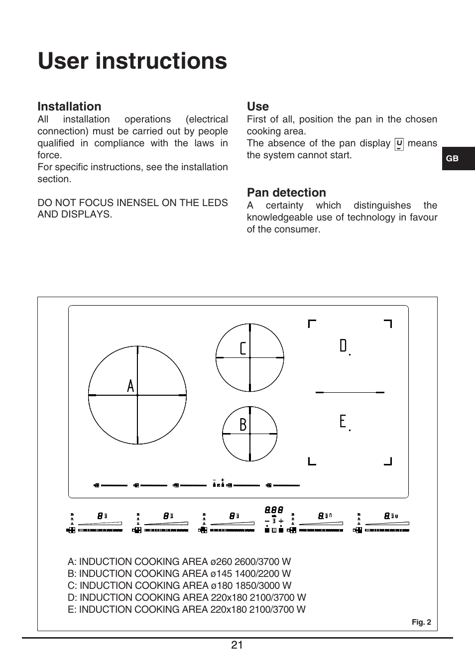 User instructions | Fulgor Milano FSH 905 ID TS User Manual | Page 21 / 100