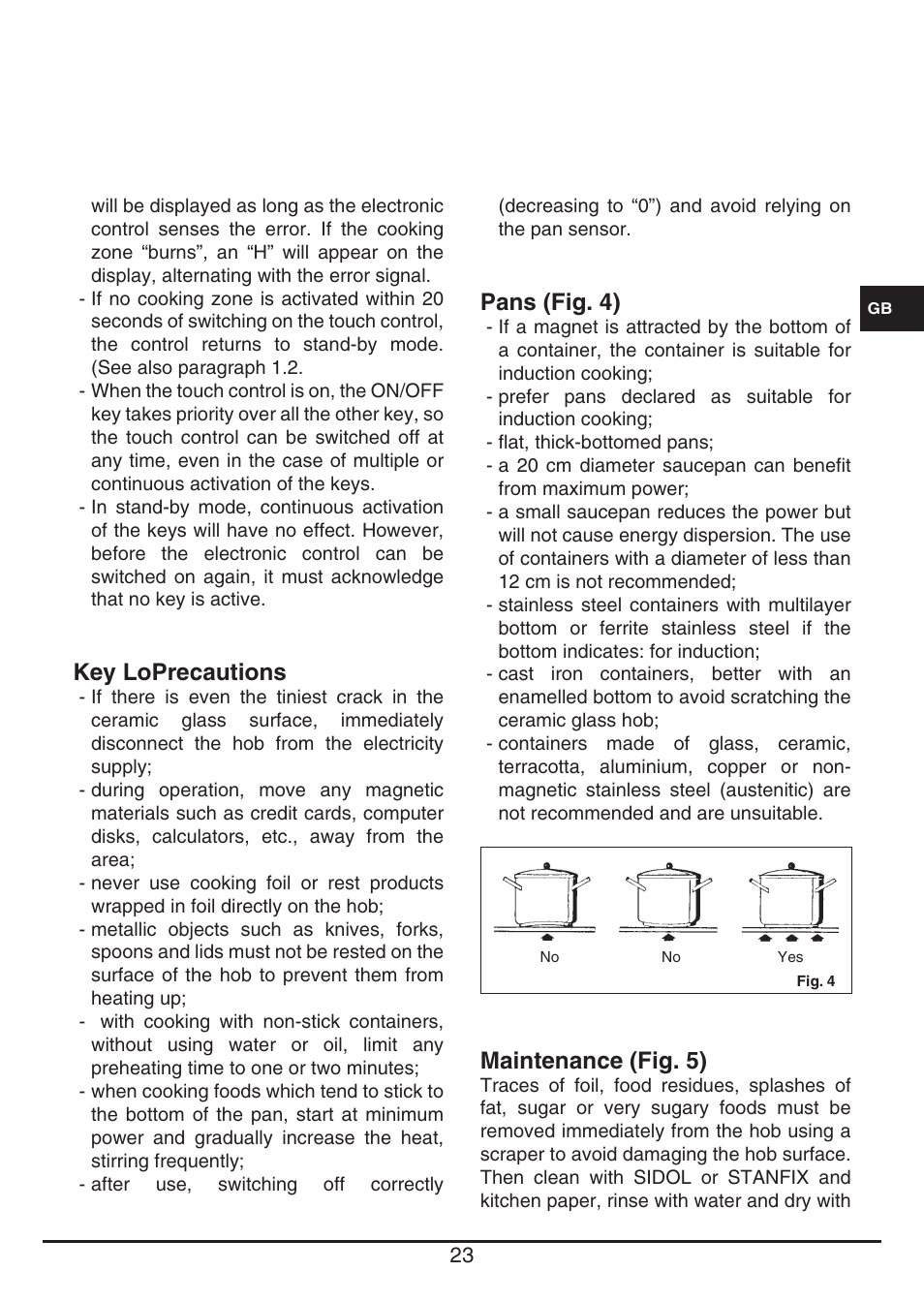 Key loprecautions, Pans (fig. 4), Maintenance (fig. 5) | Fulgor Milano FSH 905 ID TS User Manual | Page 23 / 100