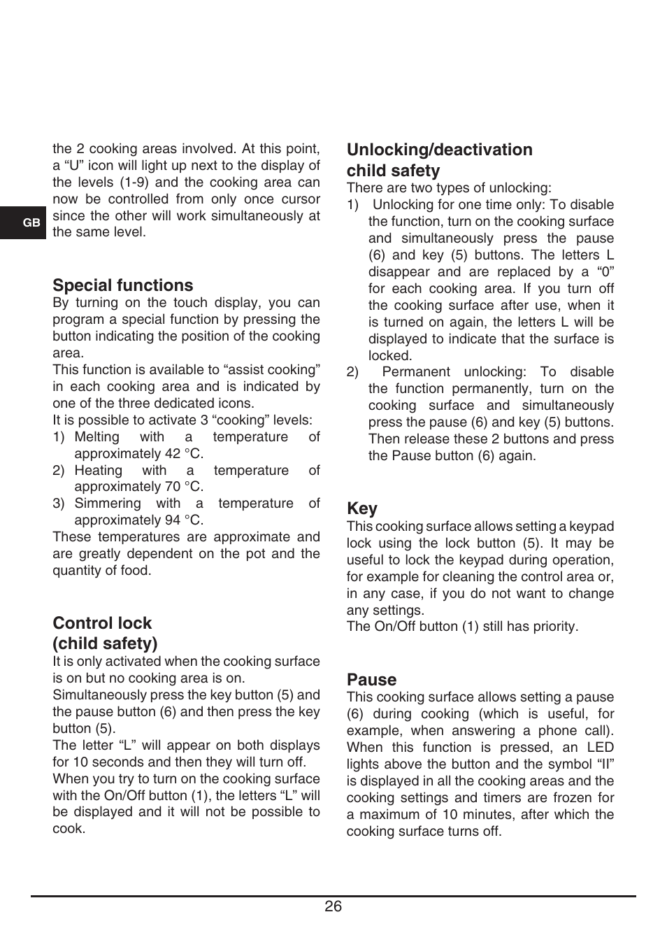 Unlocking/deactivation child safety, Pause, Special functions | Control lock (child safety) | Fulgor Milano FSH 905 ID TS User Manual | Page 26 / 100