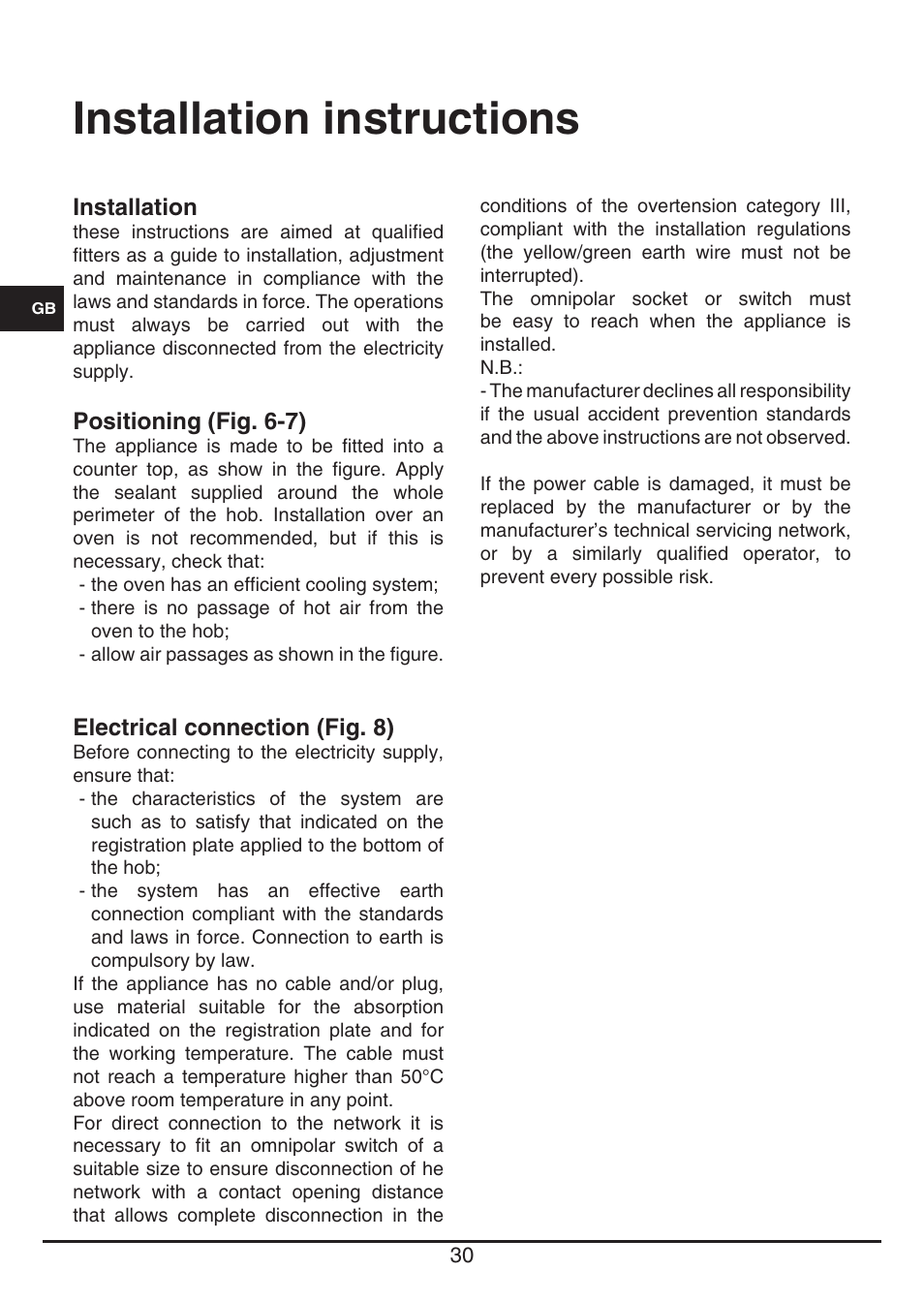 Installation instructions | Fulgor Milano FSH 905 ID TS User Manual | Page 30 / 100