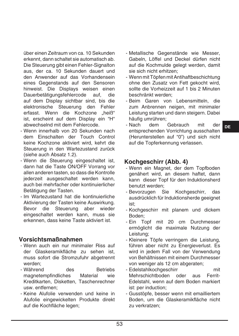 Vorsichtsmaßnahmen, Kochgeschirr (abb. 4) | Fulgor Milano FSH 905 ID TS User Manual | Page 53 / 100
