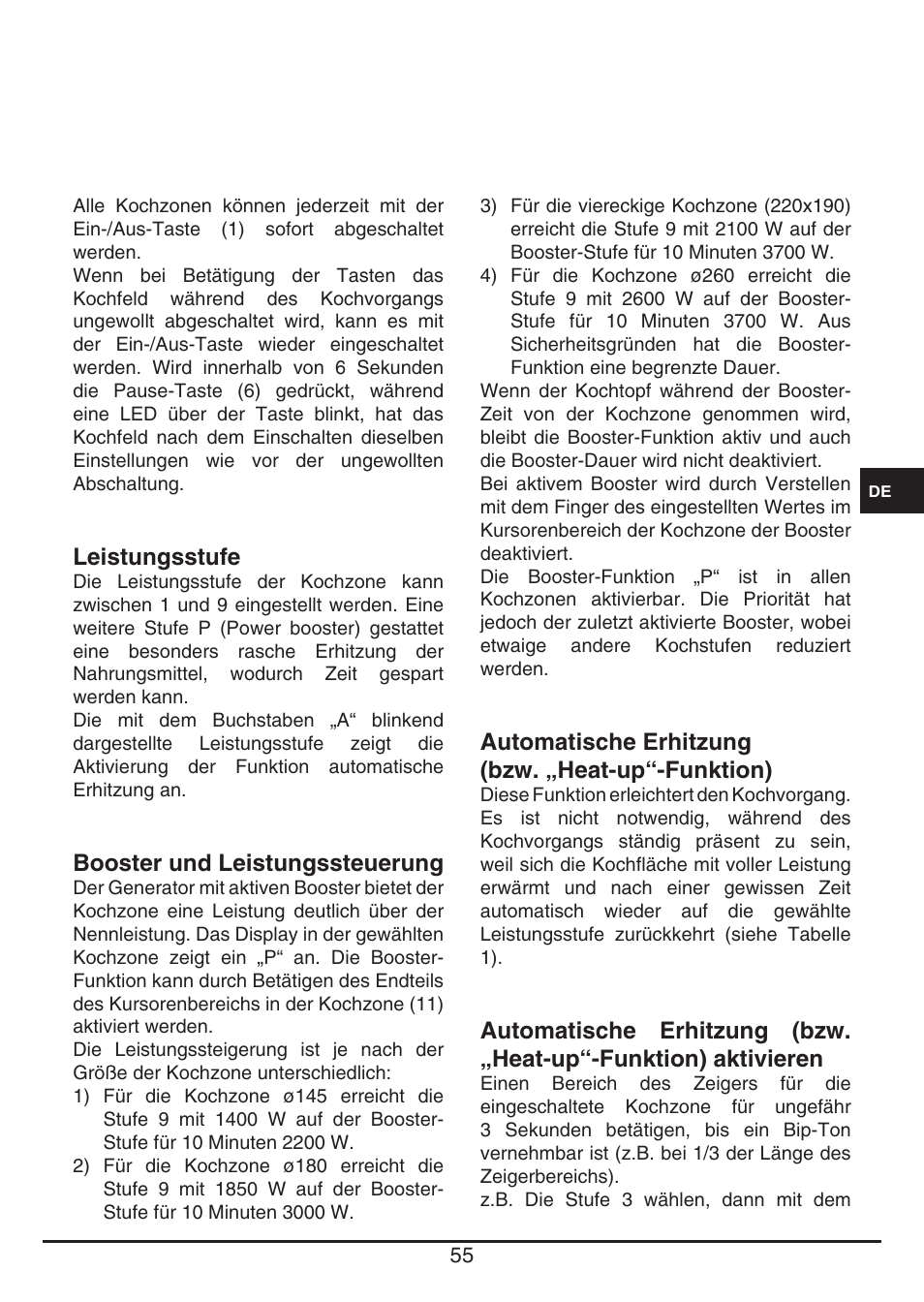 Leistungsstufe, Booster und leistungssteuerung, Automatische erhitzung (bzw. „heat-up“-funktion) | Fulgor Milano FSH 905 ID TS User Manual | Page 55 / 100