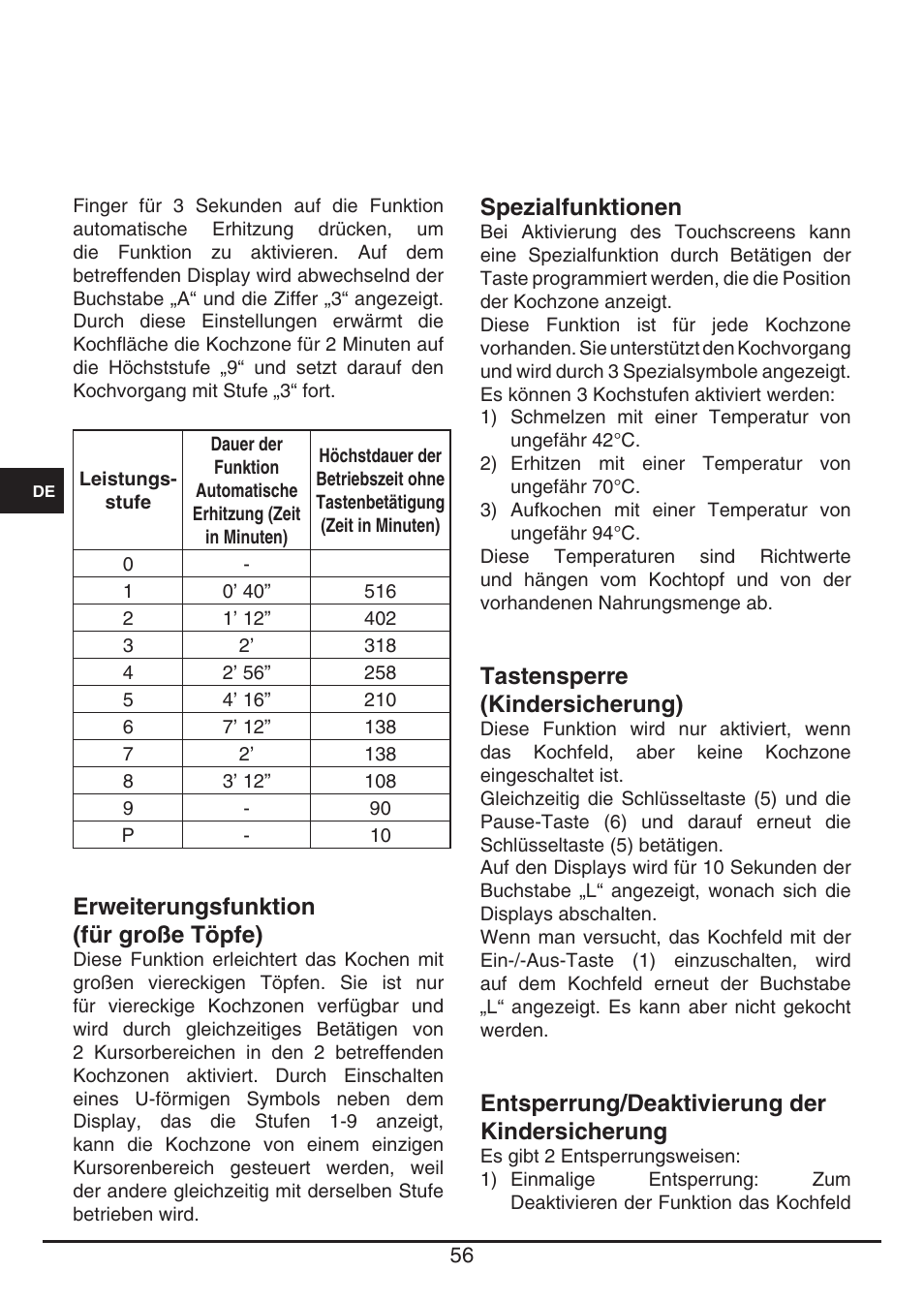Spezialfunktionen, Tastensperre (kindersicherung), Entsperrung/deaktivierung der kindersicherung | Erweiterungsfunktion (für große töpfe) | Fulgor Milano FSH 905 ID TS User Manual | Page 56 / 100