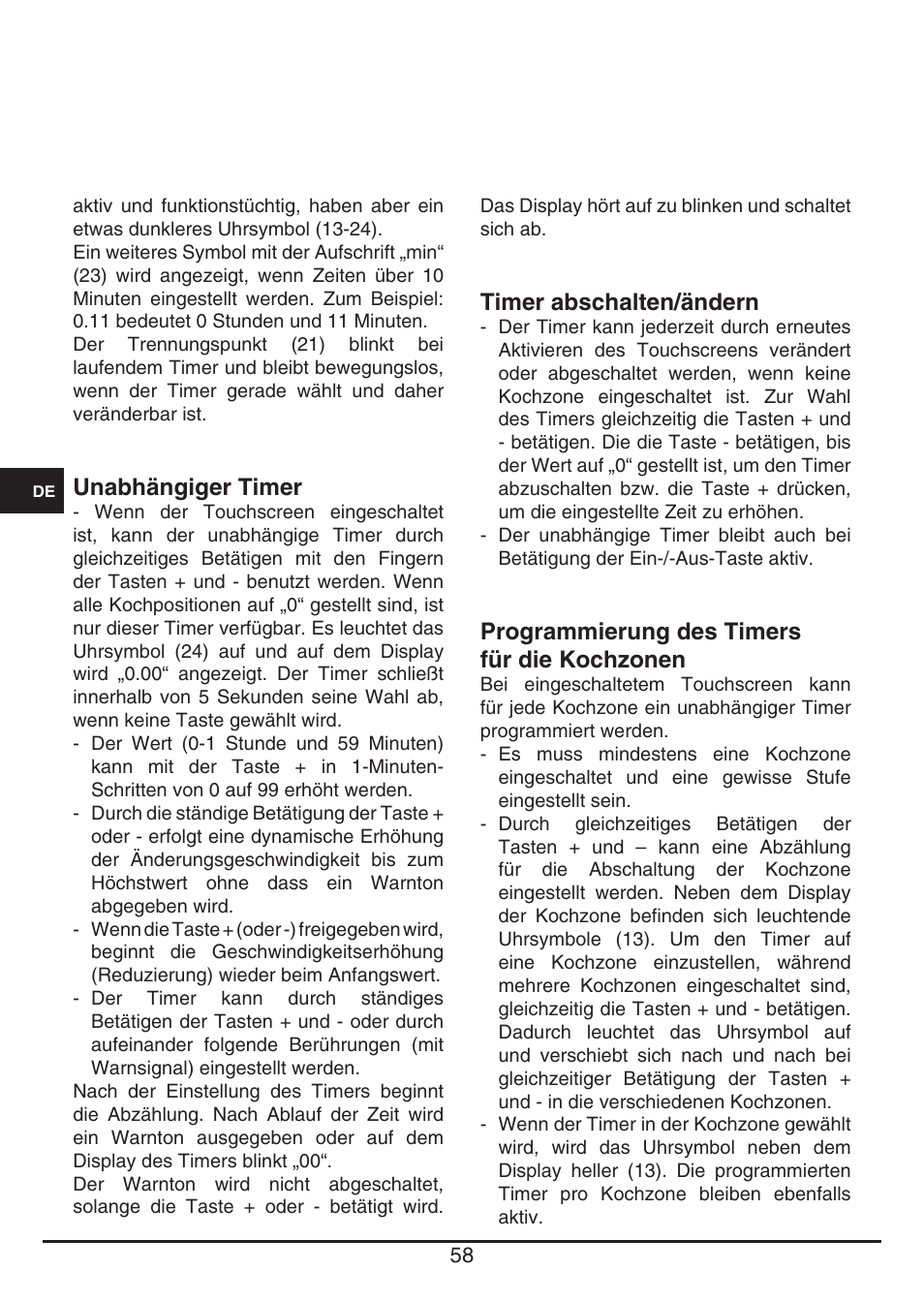 Timer abschalten/ändern, Programmierung des timers für die kochzonen, Unabhängiger timer | Fulgor Milano FSH 905 ID TS User Manual | Page 58 / 100