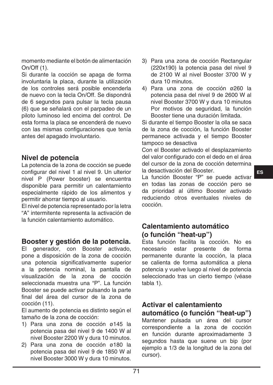 Nivel de potencia, Booster y gestión de la potencia, Calentamiento automático (o función “heat-up”) | Fulgor Milano FSH 905 ID TS User Manual | Page 71 / 100