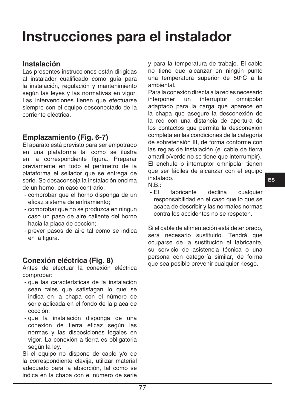 Instrucciones para el instalador | Fulgor Milano FSH 905 ID TS User Manual | Page 77 / 100