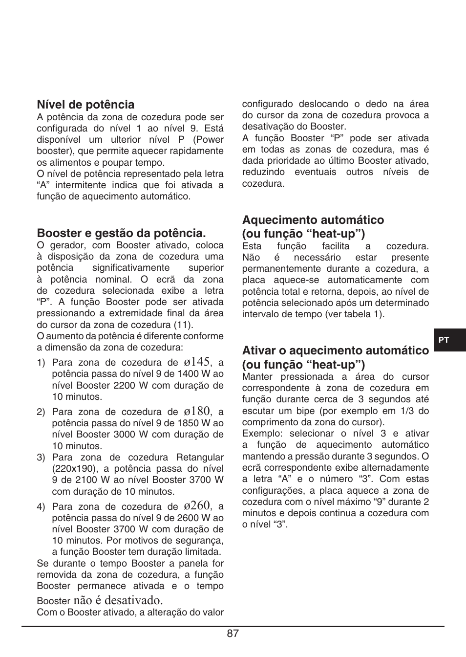 Ø145, Ø180, Ø260 | Não é desativado | Fulgor Milano FSH 905 ID TS User Manual | Page 87 / 100