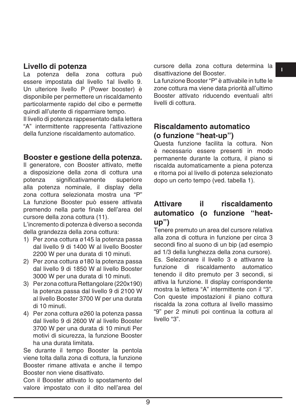 Livello di potenza, Booster e gestione della potenza, Riscaldamento automatico (o funzione “heat-up”) | Fulgor Milano FSH 905 ID TS User Manual | Page 9 / 100