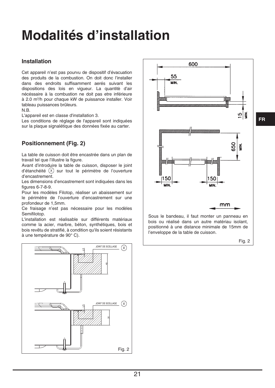 Modalités d’installation | Fulgor Milano CPH 604 G User Manual | Page 21 / 52