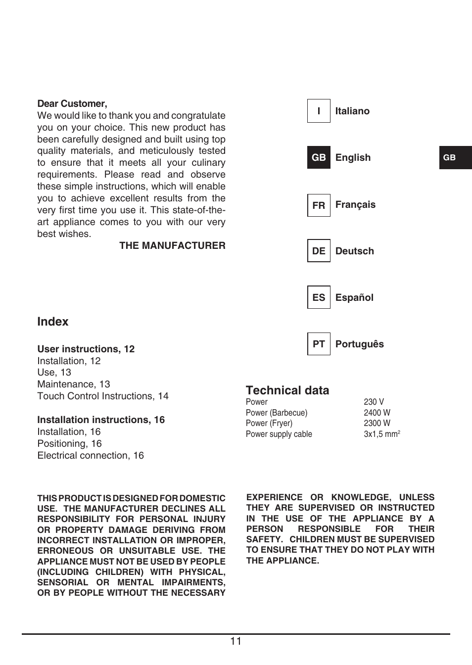 Index, Technical data | Fulgor Milano CPH 401 BQ TC User Manual | Page 11 / 52