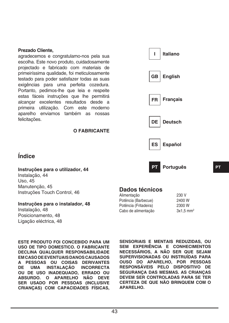 Índice, Dados técnicos | Fulgor Milano CPH 401 BQ TC User Manual | Page 43 / 52