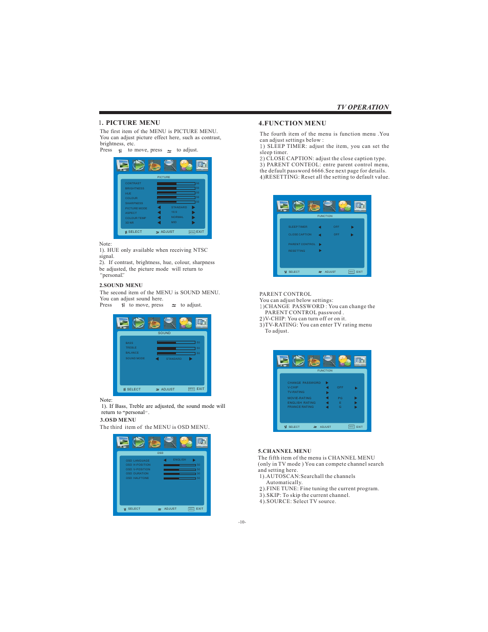 Tv operation, Function menu 1 . picture menu | Curtis LCD3798 User Manual | Page 11 / 15