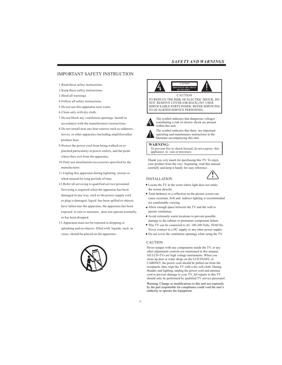 Important safety instruction, Safety and warnings | Curtis LCD3798 User Manual | Page 3 / 15