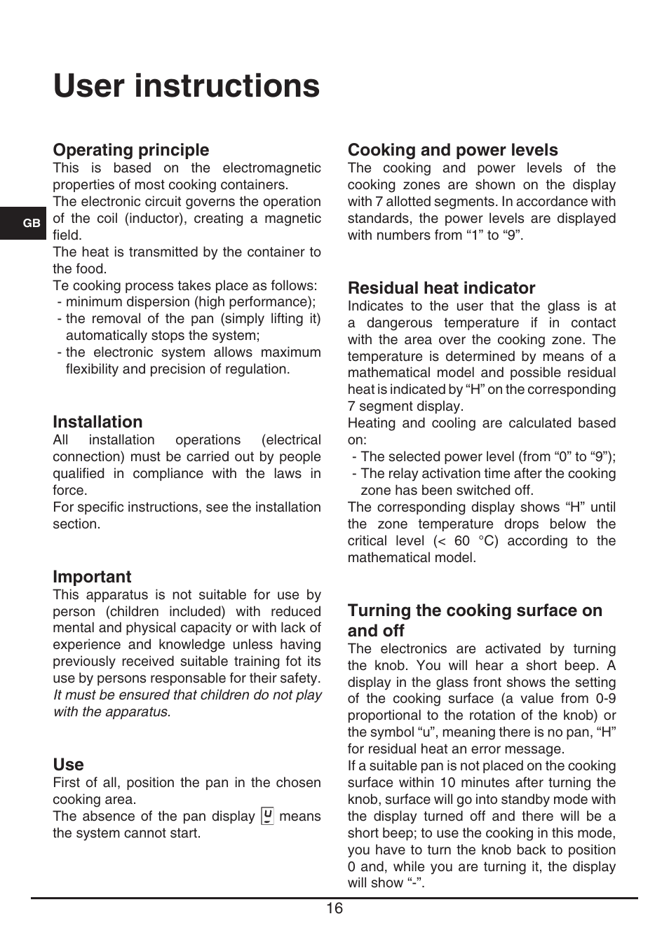 User instructions | Fulgor Milano CPH 401 ID X User Manual | Page 16 / 80